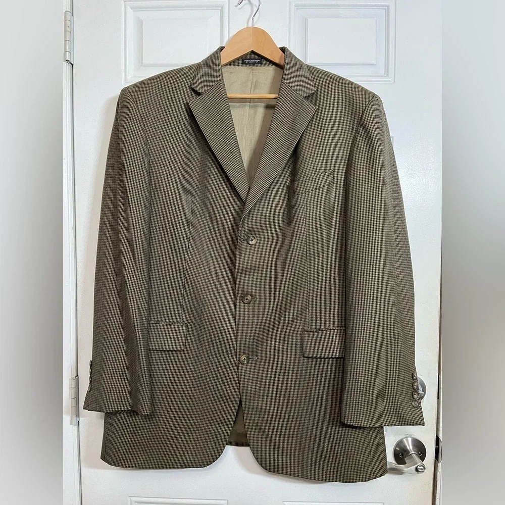 Oscar de la Renta Mens 44L Wool Blazer Brown Houndstooth Sport Coat Vintage